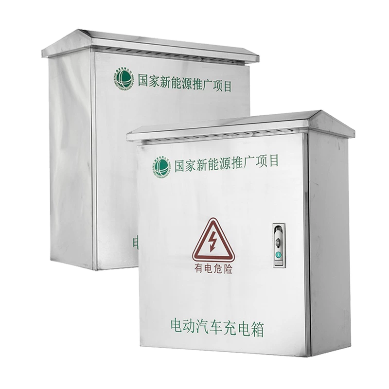 Caixa de carregamento para veículos elétricos em aço inoxidável com proteção contra sobretensão.