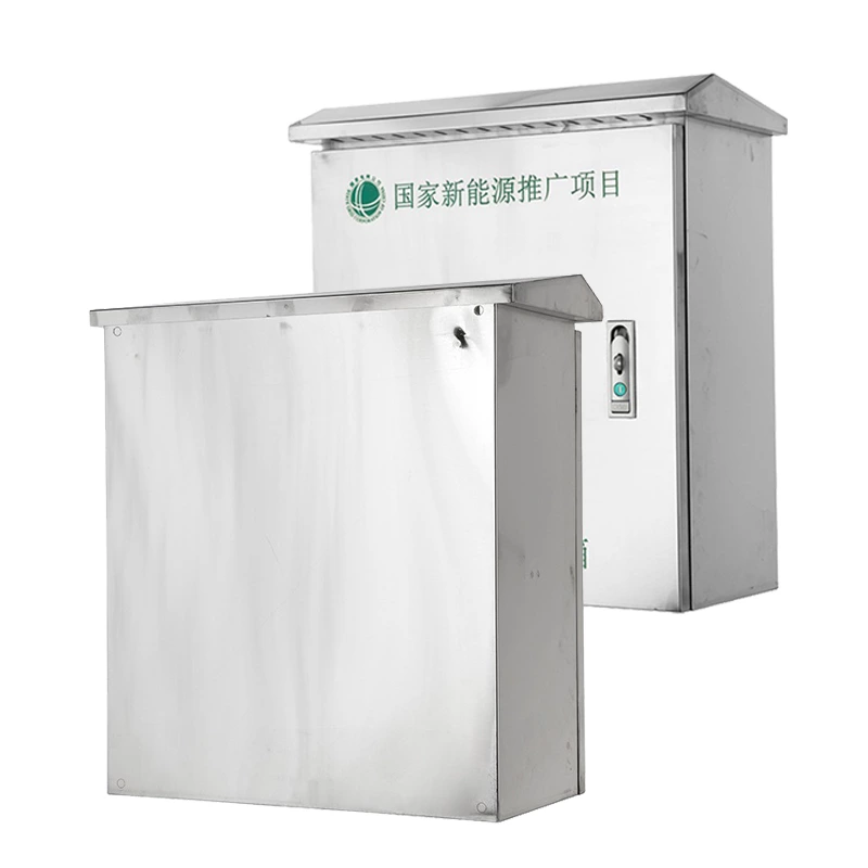 Caixa de carregamento para veículos elétricos em aço inoxidável com pés de montagem.