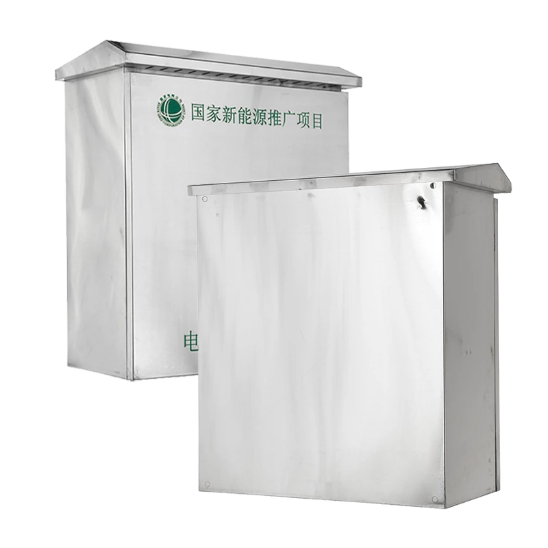 Caixa de carregamento para veículos elétricos em aço inoxidável com orifícios pré-perfurados.