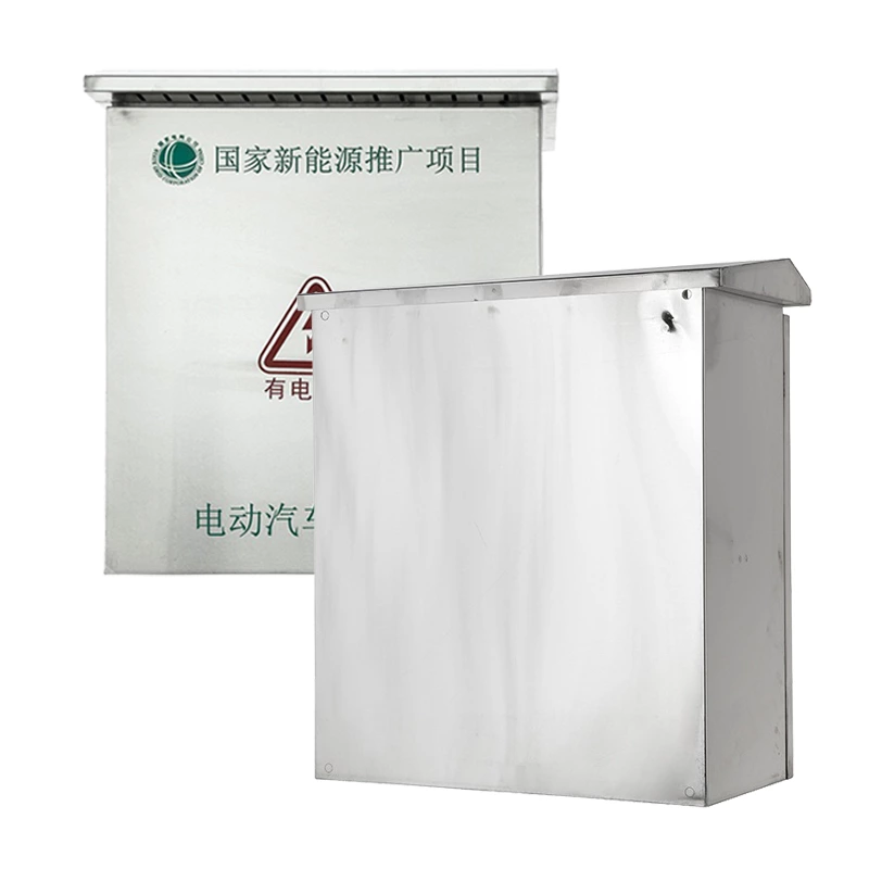 Caixa de carregamento para veículos elétricos em aço inoxidável para áreas residenciais.