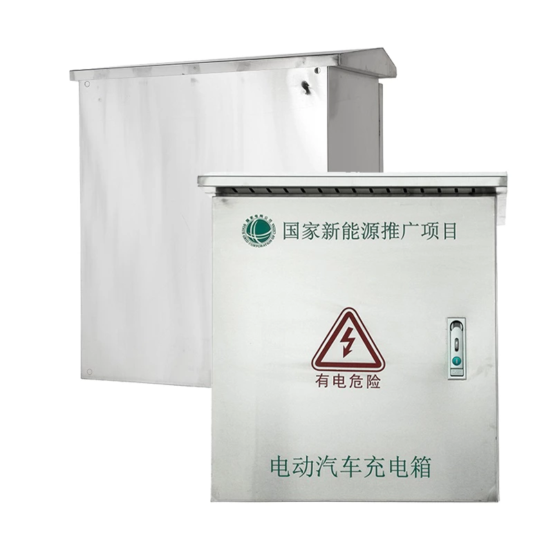 Caixa de carregamento para veículos elétricos em aço inoxidável com placa de montagem.