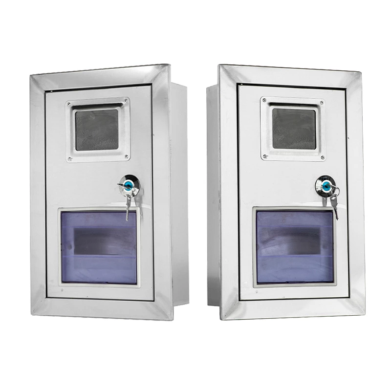 Caixa de medidor de aço inoxidável para montagem na parede com visor.